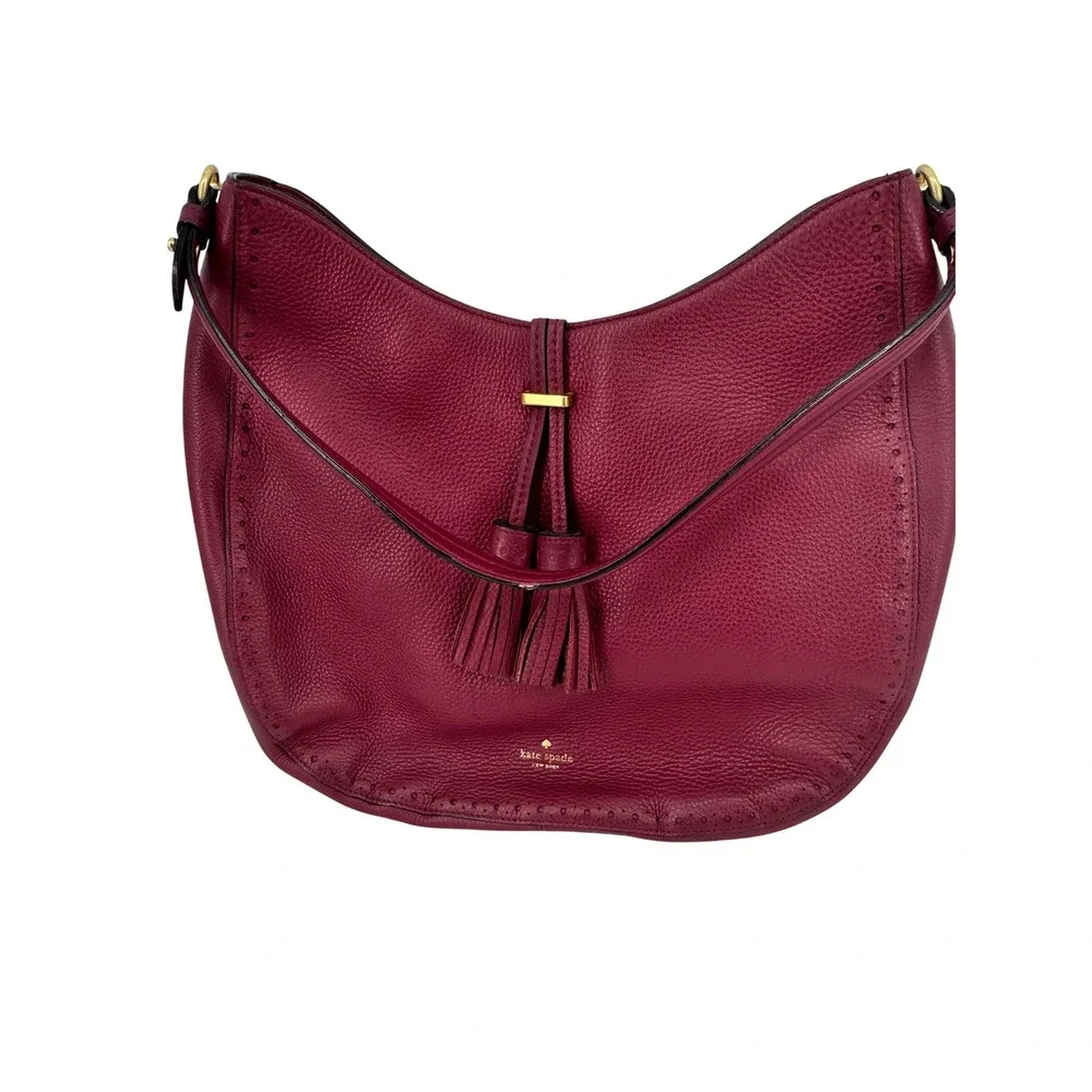 Kate Spade Hobo Bag Women Fuchsia Pebbled Leather Tassel Perforated‎  PXRU5600
